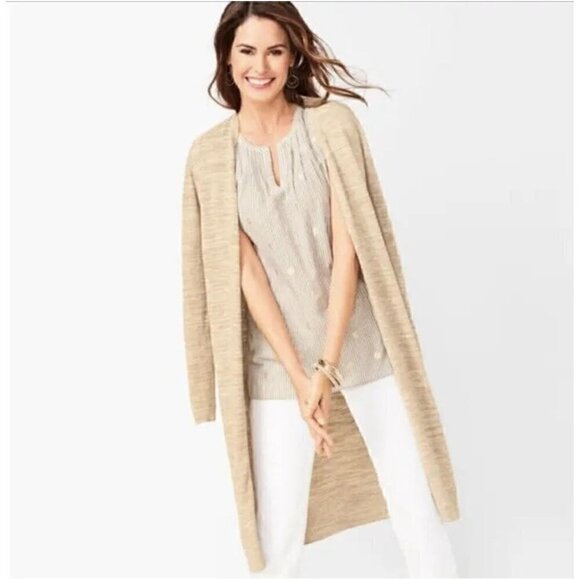 Talbots Women's Neutral Oatmeal Heather Long Cotton Blend Open Sweater Size L - Picture 1 of 11